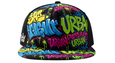 Graffiti style urban cap with vibrant colors and bold lettering design