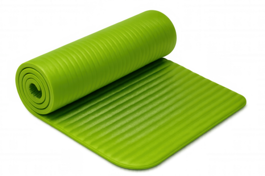 Bright green yoga mat partially rolled up, promoting wellness and fitness on a transparent background