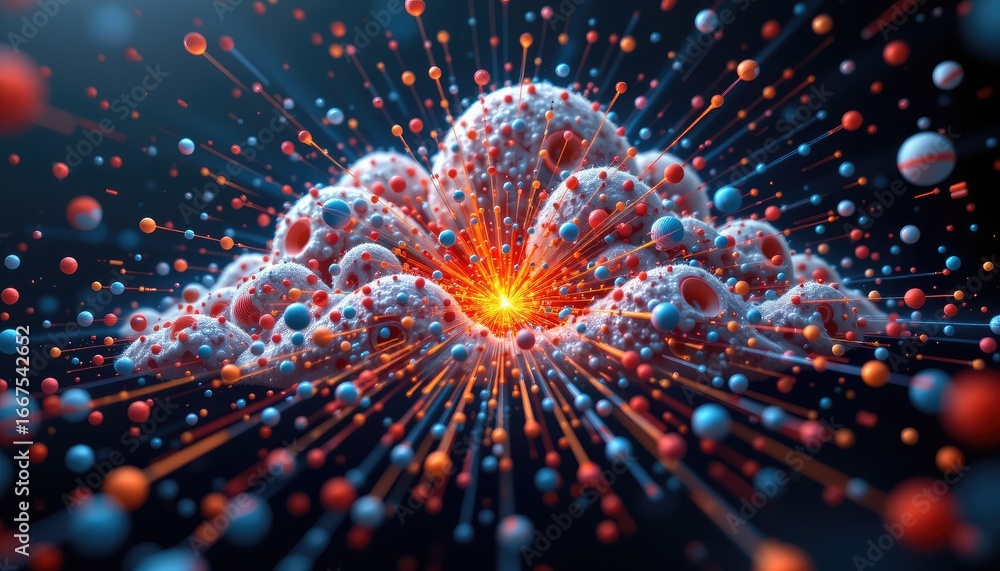 Poster abstract explosion of colorful particles and clouds conveying energy and motion in a dynamic digital