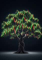 A powerful metaphor for financial growth and investment strategy, showing a massive tree with leaves made of glowing green and red stock market charts.