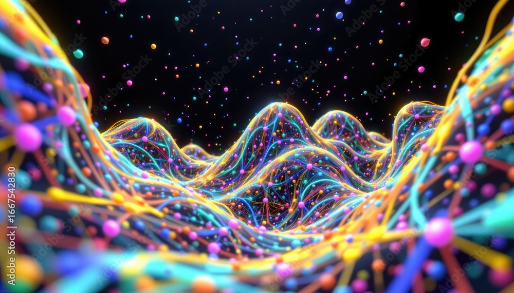 Poster colorful abstract waves with neon particles and light trails in a dark background representing digit