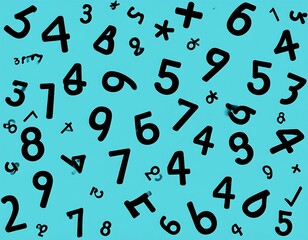 Abstract pattern of various numbers and symbols on a light teal background