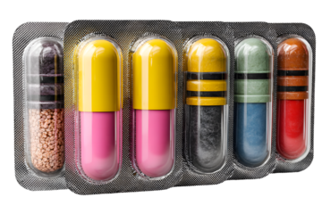 Group of blister packs of prescription medication, atibiotic pills, painkiller, isolated on a transparen background. Healthcare an medical treatment concept