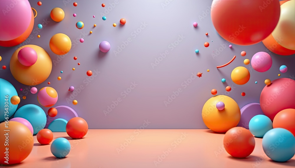 Poster colorful 3d abstract background with vibrant spheres and floating elements in soft pastel tones for 