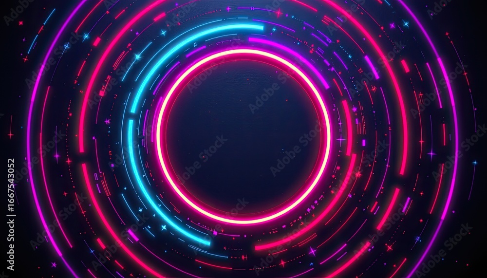 Poster vibrant circular motion with gradient colors and light trails in a digital neon style background