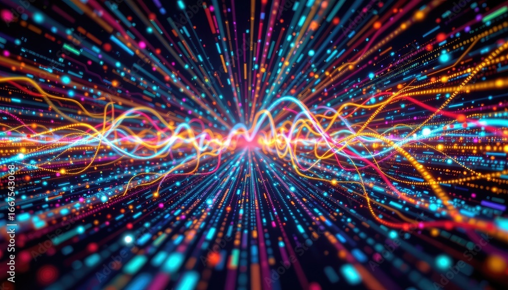Poster vibrant abstract digital background with colorful light trails and dynamic energy flow