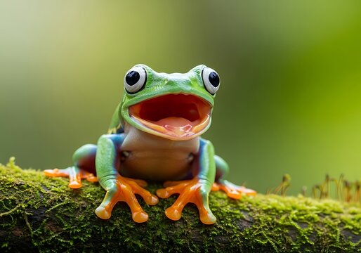 A vibrant green tree frog with its mouth wide open