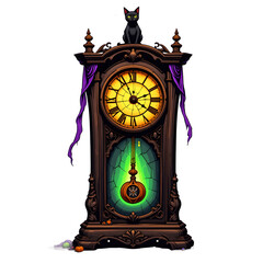 Halloween Clipart Graphics:Spooky Grandfather Clock with a Black Cat for Gothic and Mystical Illustrations.PNG on Transparent Background