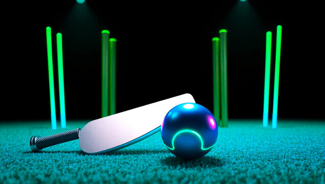 Abstract 3D render of cricket bat and glowing ball on futuristic turf neon stumps in the background sports technology concept
