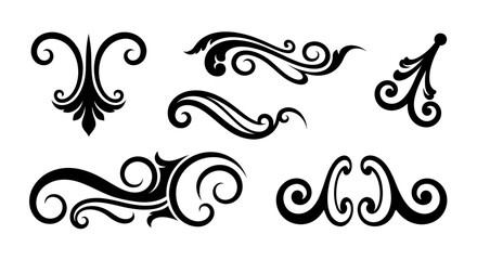 Fototapeta premium Classic set of six black decorative vector flourish designs. Elegant ornamental scrolls for vintage-style wedding invitations, certificates, and page dividers.