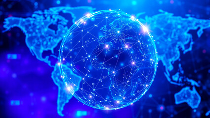 Abstract holographic globe with connected lines futuristic world map background AI technology concept