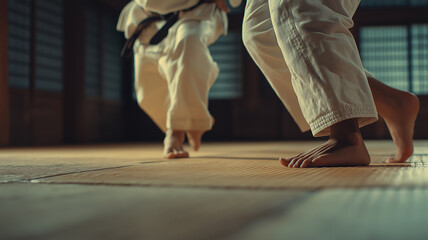 Dynamic Martial Arts Practice Showing Movement and Discipline in Tranquil Dojos Setting