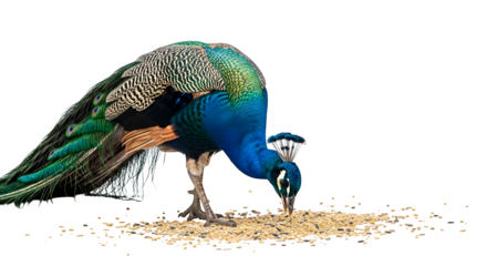 Beautiful peacock pecking at seeds outdoors
