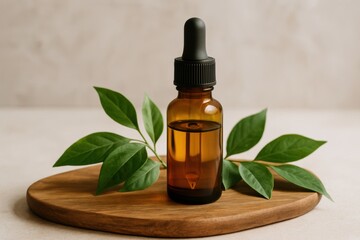 Herbal tincture bottle with green leaves on wooden tray