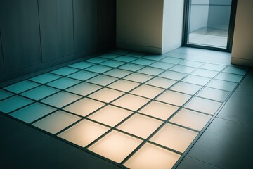 Illuminated glass tile floor in modern minimalist interior