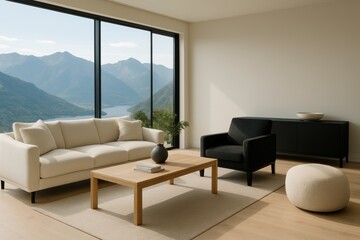 Minimalist living room with mountain view and modern furnishings