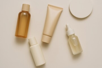 Neutral colored cosmetic products flatlay on light surface