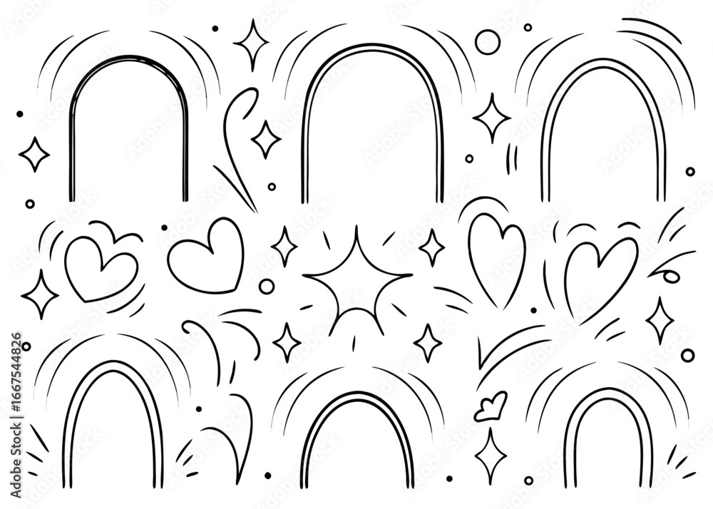 Poster collection of minimalist line art arches and oval frames in various geometric styles for design proj