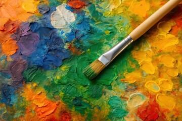 Paintbrush on colorful paint palette close up