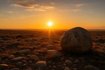 Sunrise over rocky plain with boulder
