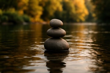 Stacked stones in calm river at sunset