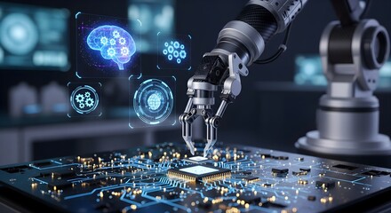 Robotic Arm Placing Microchips with Holographic AI Icons