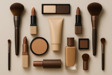 Symmetrical arrangement of neutral makeup cosmetics and brushes