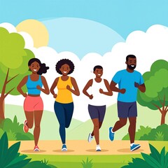 Obraz premium Three diverse individuals jog energetically along a winding path in a vibrant green park, surrounded by blooming flowers and tall trees under a clear blue sky.