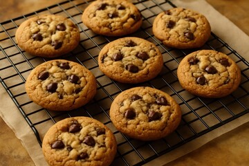 Warm Chocolate Chip Cookies Cooling on Baking Rack