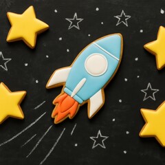 Whimsical Rocket and Star Cookies on Chalkboard Background