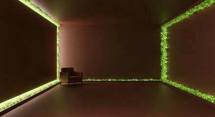 Modern interior with a green illuminated moss design and an armchair.
