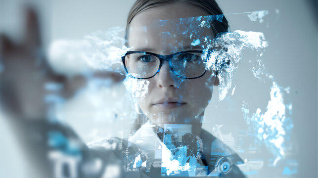 A focused woman wearing glasses interacts with a futuristic transparent digital globe hologram, symbolizing global technology and data visualization in a modern, high-tech environment - Powered by Adobe