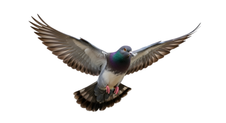 Pigeon in flight with wings spread against a