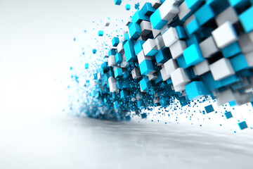 Dynamic cluster of blue and white 3D cubes dispersing in space, creating an abstract futuristic digital effect with a clean, minimalistic background
