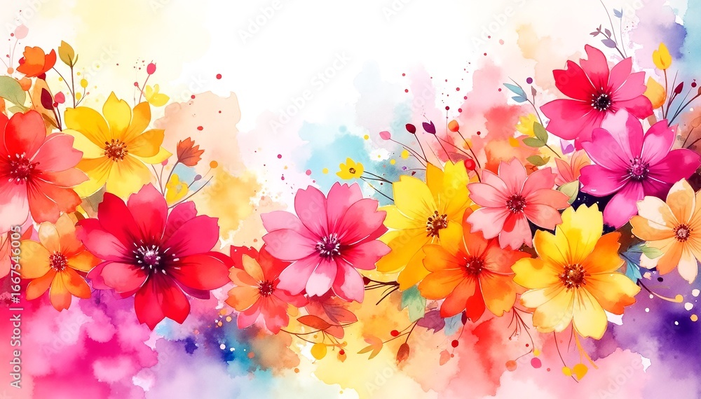 Poster a vibrant watercolor background featuring an array of delicate flowers in soft pastels, blending har