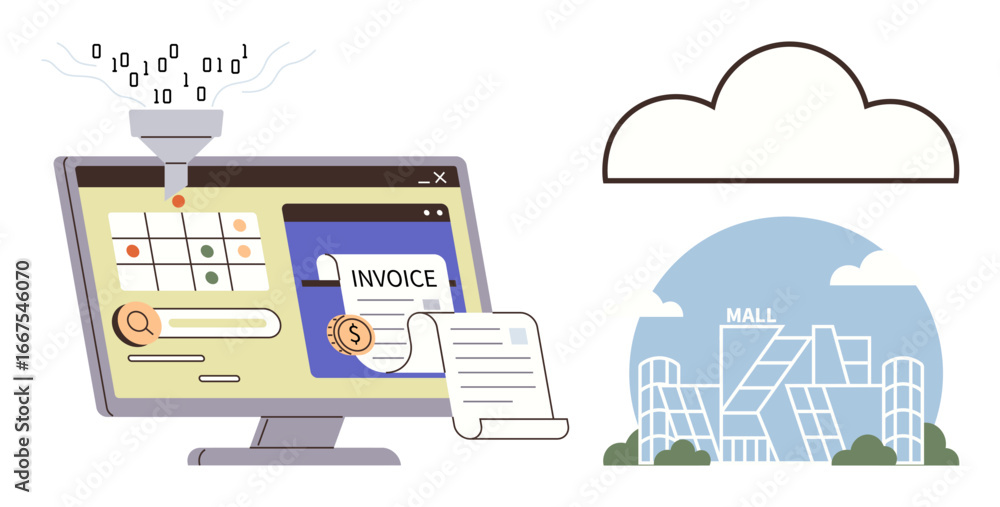 Poster computer screen with an invoicing application, data processing funnel, cloud storage, and a mall. id
