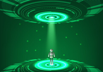 Human under light ray from tech wheel, technology background.