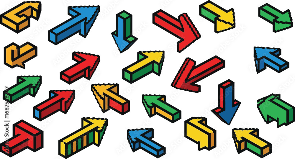 Poster collection of colorful 3d arrows pointing in different directions, vector illustration of navigation