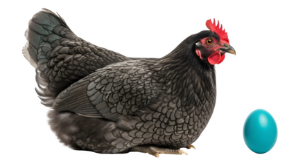 Blue egg laying hen with a single turquoise colored egg