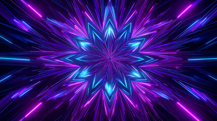 Neon blue and purple geometric starburst pattern radiates dynamic light streaks against a dark background, creating a vibrant, futuristic, and energetic digital abstract design