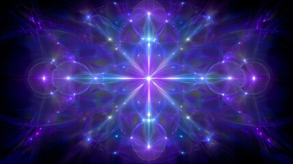 Vibrant, symmetrical fractal design radiates glowing blue and purple light with star-like points and circular patterns on a dark background, evoking cosmic energy and mysticism