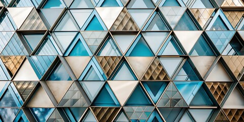 Futuristic 3D triangular pattern in gold and navy blue tones, forming a modern decorative wall surface.