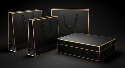 Elegant black shopping bags and gift box with gold trim