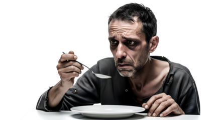 Desperate man with empty plate and spoon looks hopeless and hungry