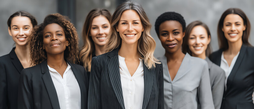 A diverse group of seven confident professional women dressed in business attire, smiling and standing together in a corporate or office environment