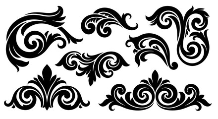 Fototapeta premium Set of seven isolated black vector flourishes with ornate baroque and floral details. Perfect for creating elegant vintage decorations, borders, and designs.
