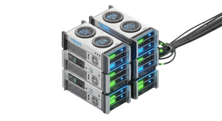 Isometric view of a server stack with connected cables on black