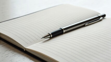 Self Reflection Practice Concept. A pen rests on an open notebook with lined pages, ready for writing.