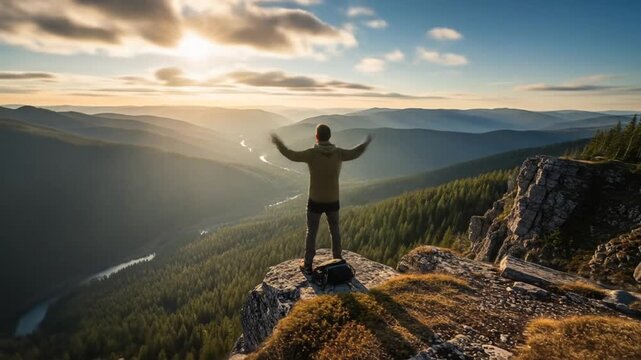 Man's triumph on mountain peak, enjoying freedom and breathtaking views, surrounded by forest landscape and serene sunlight creating a memorable exploration experience