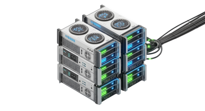 Isometric view of a server stack with connected cables on black